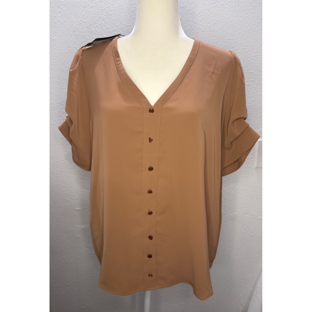 Adrianna Papell Womens Ochre Brown V-Neck Button Front Ruffle Sleeve Blouse L